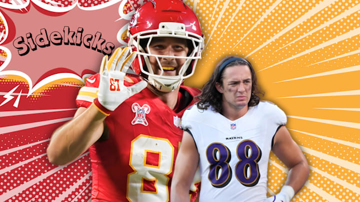 Kansas City Chiefs tight end Travis Kelce and Ravens tight end Charlie Kolar