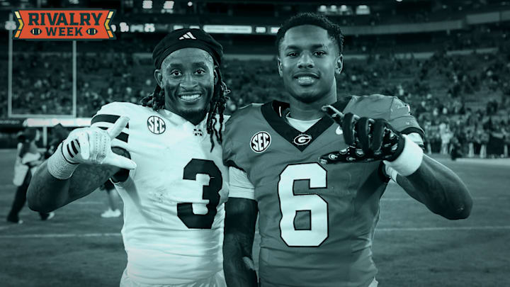 Oct 12, 2024; Athens, Georgia, USA; Mississippi State Bulldogs wide receiver Kevin Coleman Jr. (3) and Georgia Bulldogs wide receiver Dominic Lovett (6) pose for a photo after a game at Sanford Stadium. 