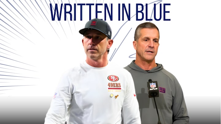 New York Giants head coach John Harbaugh and 49ers HC Kyle Shanahan