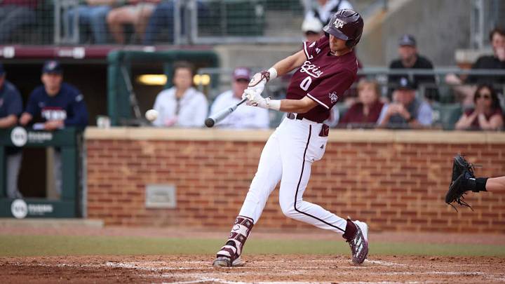 Texas A&M infielder Sawyer Farr swings at a pitch. 