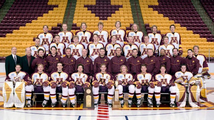 The 2002-03 Minnesota national championship team. Troy Riddle is pictured in the front row, second from the right. 