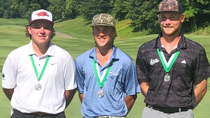Arkansas Razorbacks golfer John Daly II (left) is pictured with Hogs transfer Camden Smith from Georgia and Garrett Endicott after Daly won the Southern Amateur at The Blessings on Saturday afternoon.