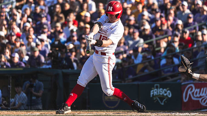 Nebraska outfielder Cael Frost swings at a pitch against No. 2 LSU in the Frisco College Baseball Classic on March 1, 2025.