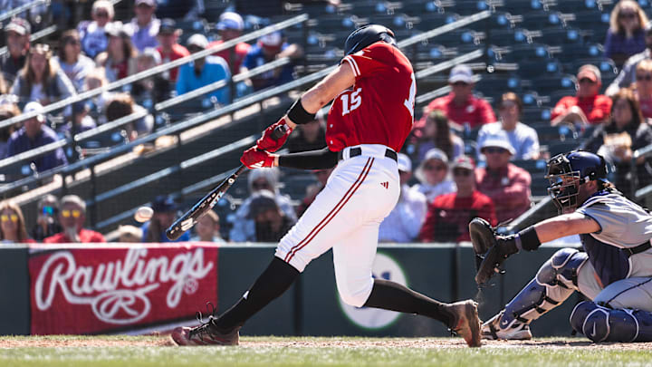 Nebraska shortstop Dylan Carey swings at a pitch against Kansas State in the Frisco College Baseball Classic on March 2, 2025.