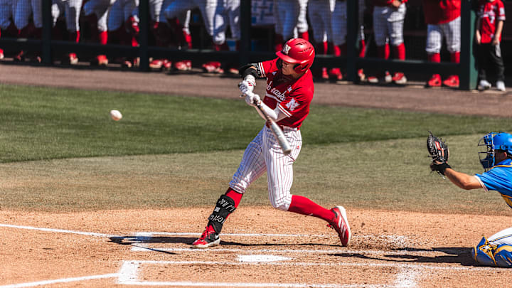 Nebraska outfielder Robby Bolin swings at a pitch at UCLA on March 15, 2025. Nebraska outfielder Robby Bolin swings at a pitch at UCLA on March 15, 2025.