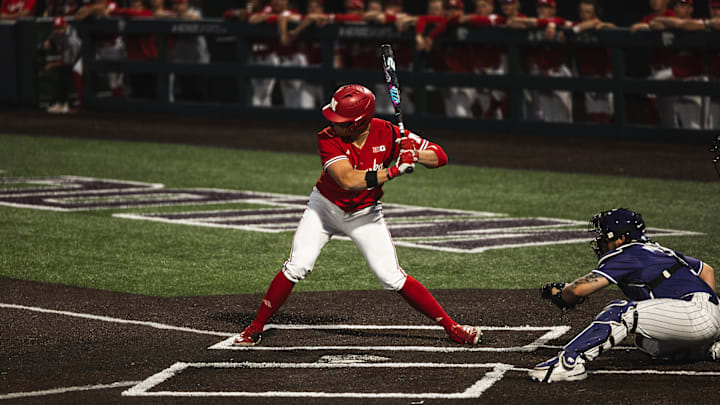Nebraska first baseman Case Sanderson stands ready to swing against Kansas State at Tointon Family Stadium in Manhattan, Kansas, on March 25, 2025.