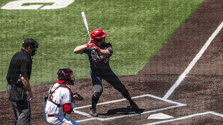 Nebraska left field Gabe Swansen waits for a pitch at Maryland on April 27, 2025.
