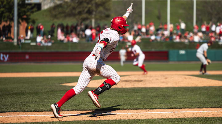 Nebraska center fielder Robby Bolin celebrates as he runs to first for his walk-off single against Minnesota at Haymarket Park on May 3, 2025.