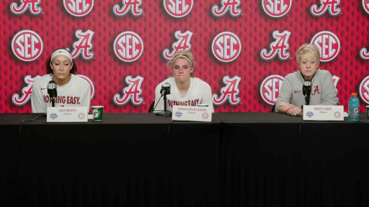 Aaliyah Nye, Sarah Ashlee Barker and Kristy Curry in postgame press conference after SEC Tournament loss to Florida Aaliyah Nye, Sarah Ashlee Barker and Kristy Curry in postgame press conference after SEC Tournament loss to Florida