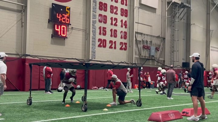 Alabama running backs run through a drill at the Hank Crisp Indoor Facility on March 12, 2026