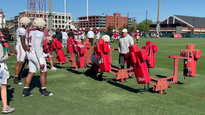 Kane Wommack works with Alabama Wolf linebackers at spring practice- April 7, 2026 Kane Wommack works with Alabama Wolf linebackers at spring practice- April 7, 2026