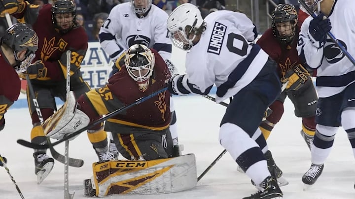 Alex Limoges scored one of his two third-period goals to lead Penn State to a 6-5, come-from-behind victory over Arizona State in 2018. 