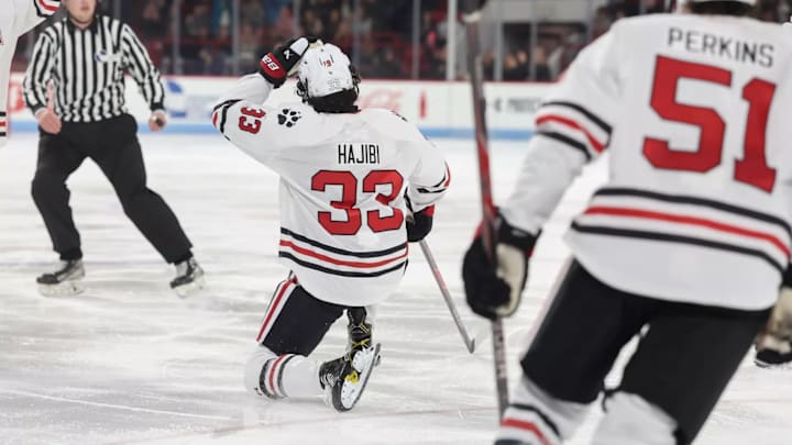 Northeastern freshman Amine Hajibi celebrates a goal Northeastern freshman Amine Hajibi celebrates a goal