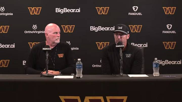 Washington Commanders head coach Dan Quinn and general manager Adam Peters speak with reporters following the team's initial 53-man roster decisions on Aug. 31, 2026, in Ashburn, Virginia. Washington Commanders head coach Dan Quinn and general manager Adam Peters speak with reporters following the team's initial 53-man roster decisions on Aug. 31, 2026, in Ashburn, Virginia.