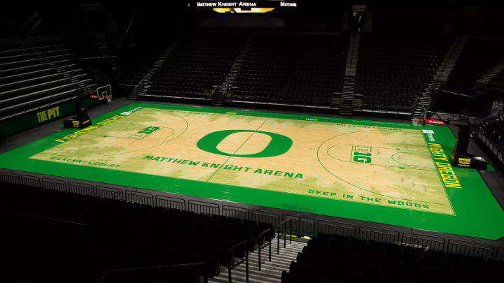Oregon men's and women's basketball, as well as volleyball, will play on a newly designed court at Matthew Knight Arena.