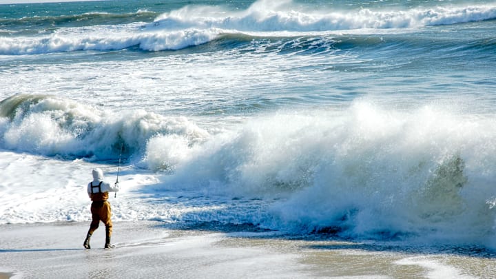 A fisherman getting after it on a high incoming tide. 