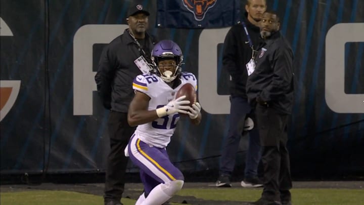 Ty Chandler (32) looking towards the Vikings sideline after receiving the kickoff deep in the end zone, late in Minnesota's 27-24 win. Ty Chandler (32) looking towards the Vikings sideline after receiving the kickoff deep in the end zone, late in Minnesota's 27-24 win.