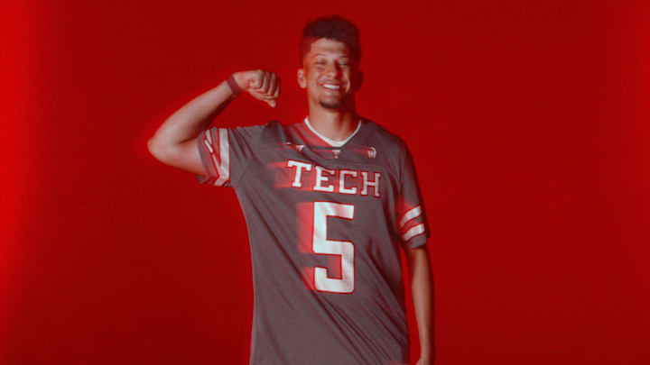 Patrick Mahomes' signature adidas logo has been added to the Texas Tech Red Raiders alternate football jersey. Patrick Mahomes' signature adidas logo has been added to the Texas Tech Red Raiders alternate football jersey.