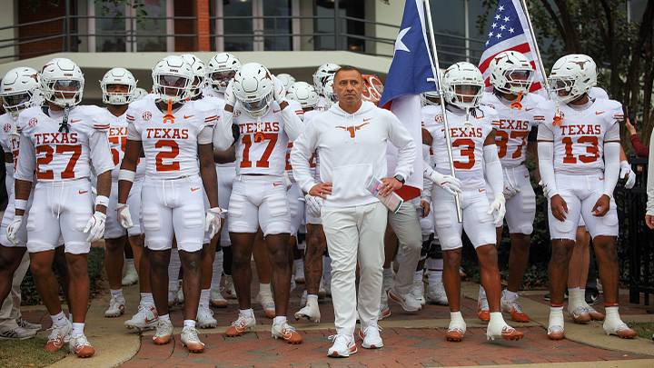 Texas Longhorns head coach Steve Sarkisian leads his team on to the field before a game against the Vanderbilt Commodores at Darrell K Royal-Texas Memorial Stadium. Texas Longhorns head coach Steve Sarkisian leads his team on to the field before a game against the Vanderbilt Commodores at Darrell K Royal-Texas Memorial Stadium.