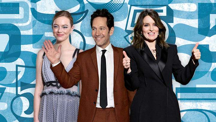 Five-Timers Club members Emma Stone, Paul Rudd, and Tina Fey.