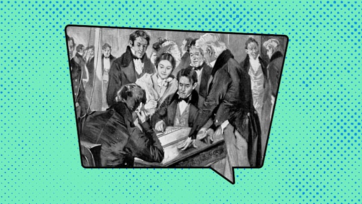 An illustration of Samuel Morse and company sending the first telegraph message from 'The Story of the Nineteenth Century of the Christian Era,' 1900.