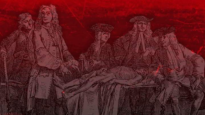 A group of 18th-century anatomists dissect a body.