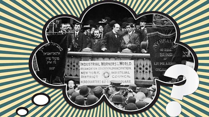 A crowd of workers gathered at a May Day event in New York City, early 20th century.