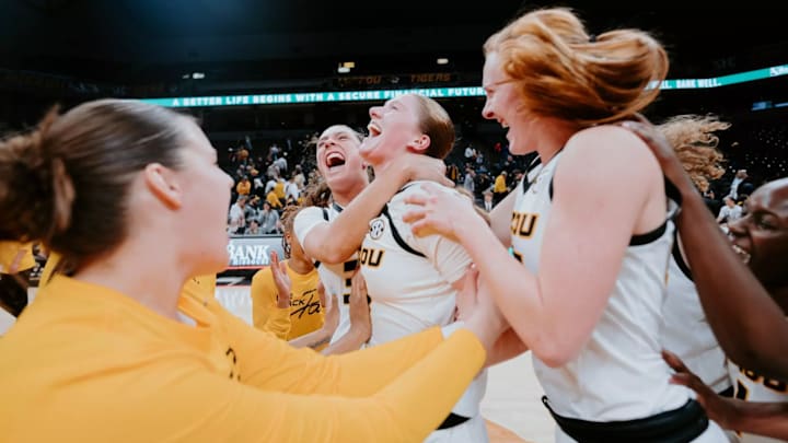 Jan 27, 2024; Columbia, MO, USA; Missouri women's basketball celebrates after win over Mississippi State at Mizzou Arena. /Mizzou Athletics