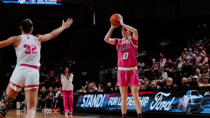 Missouri women's basketball guard Grace Slaughter shoots against the Texas A&M Aggies on Sunday, Feb. 9 in Mizzou Arena. /Mizzou Athletics
