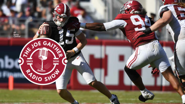 Apr 13, 2024; Tuscaloosa, AL, USA; Alabama quarterback Ty Simpson (15) is tagged for a sack by Alabama defensive lineman Edric Hill (94) at Bryant-Denny Stadium. Mandatory Credit: Gary Cosby Jr.-USA TODAY Sports