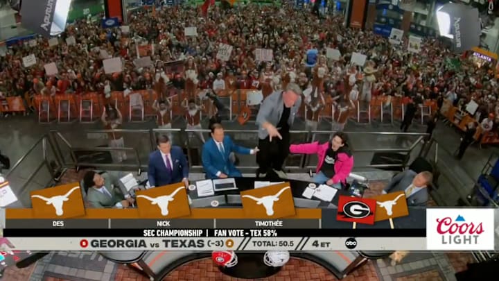 Pat McAfee gives a ‘Horns Down’ while picking Georgia over Texas in SEC championship on ‘College Gameday.’