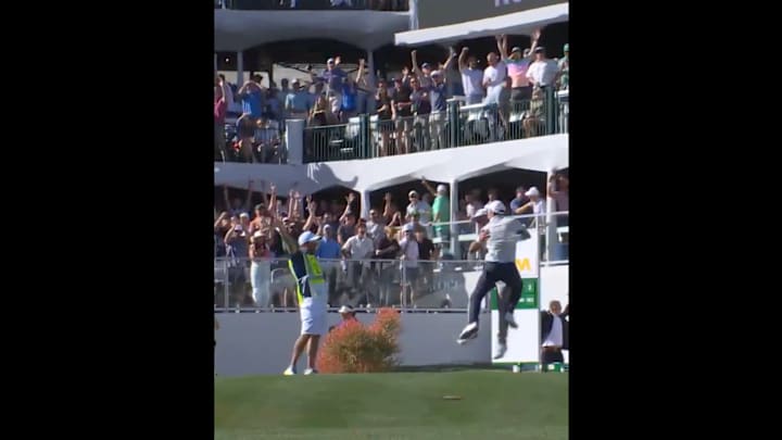 Emiliano Grillo celebrates his ace at the WM Phoenix Open.
