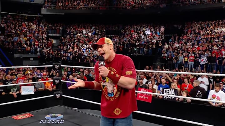 John Cena speaks with the crowd during an episode of ‘RAW.’