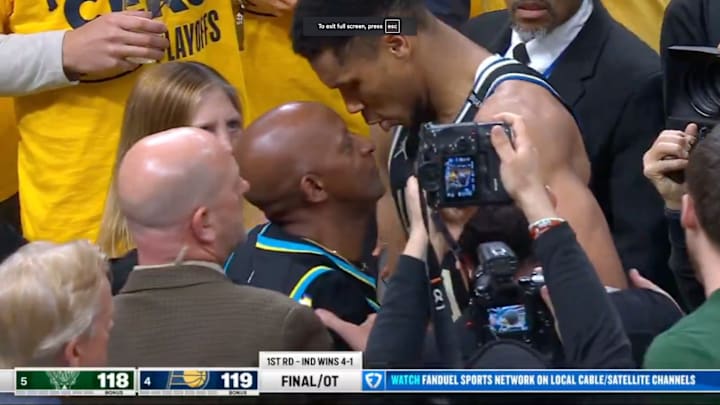 Giannis Antetokounmpo confronts Tyrese Haliburton’s father after Game 5 loss to Pacers.