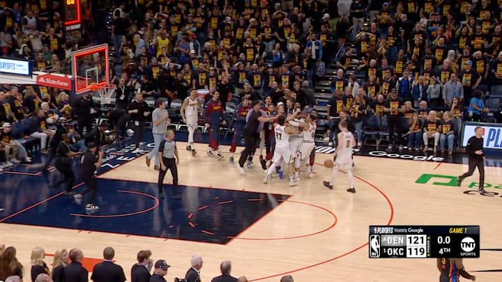 Denver Nuggets celebrate after beating Oklahoma City Thunder.