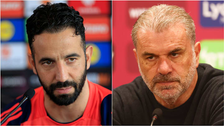 Ruben Amorim (left) and Ange Postecoglou will go head-to-head on May 21 in the Europa League final