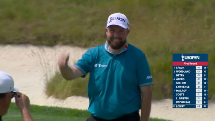 Shane Lowry reacts after realizing he holed out for eagle at Oakmont Country Club.