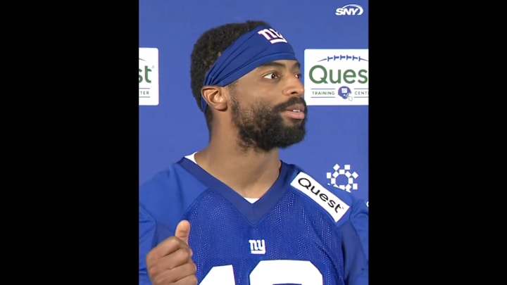 Darius Slayton speaks with reporters after practice.