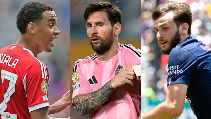 Jamal Musiala (left), Lionel Messi (middle) and Khvicha Kvaratskhelia (right) are three of the biggest stars in the Club World Cup.