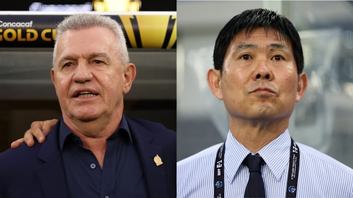 Javier Aguirre (left) will try to lead Mexico past Hajime Moriyasu’s Japan.