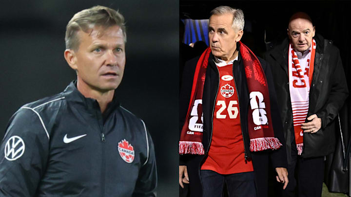 Jesse Marsch (left) welcomed Canadian Prime Minister Mark Carney (center) and FIFA President (Gianni Infantino) to the locker room after the match.