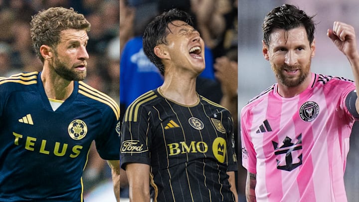 Thomas Müller (left), Son Heung-min (center) and Lionel Messi (right) look to lead their teams to the 2025 MLS Cup this fall. 