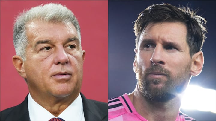 Joan Laporta (left) oversaw Lionel Messi’s tearful Barcelona departure four years ago.