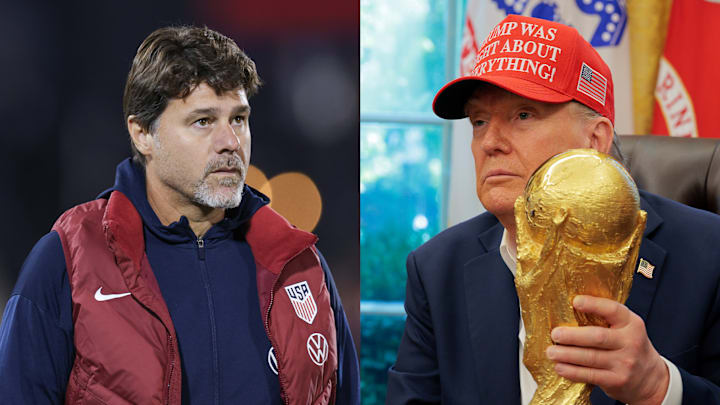 Mauricio Pochettino (left) joked that Donald Trump (right) could lift the World Cup trophy if the U.S. win the tournament. 