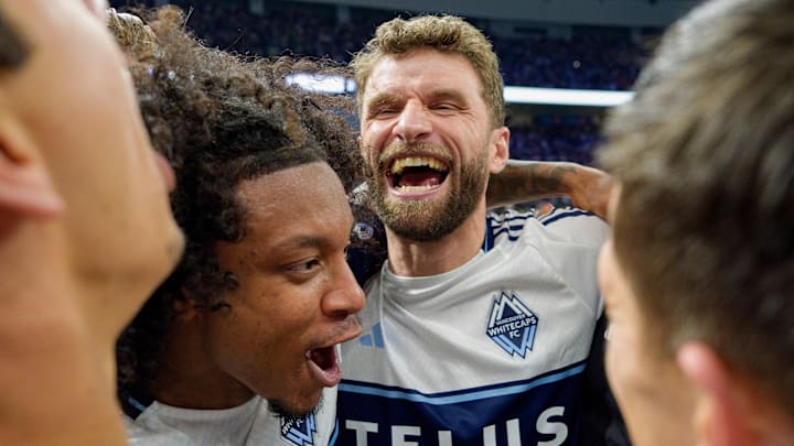 Jayden Nelson (left) and Thomas Müller (center) helped the Whitecaps eliminate LAFC in the MLS Cup playoffs. 