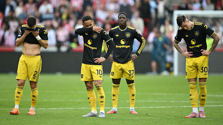 Manchester United’s Matheus Cunha (centre, left) is a fitness doubt for the visit of Everton.