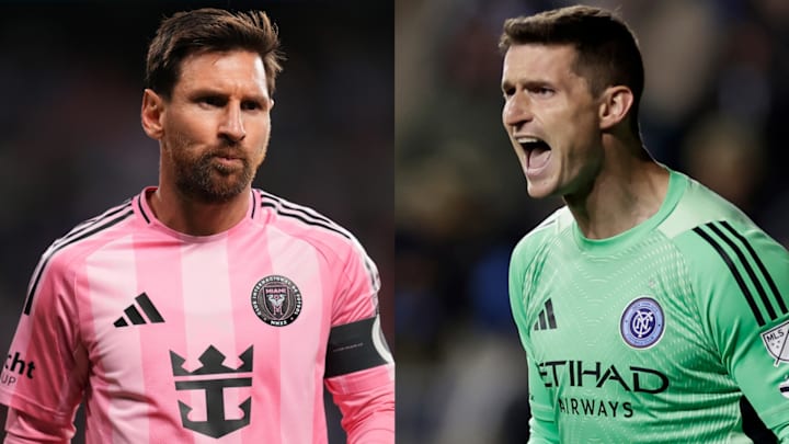 Lionel Messi (left) looks to get the better of Matt Freese (right) in the playoffs.