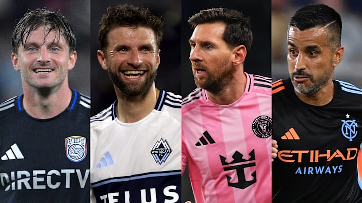 Anders Dreyer (left), Thomas Müller (left center), Lionel Messi (right center) and Maxi Moralez (right) will hope to lead their teams to the 2025 MLS Cup.  