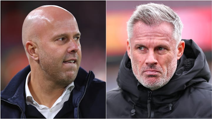 Arne Slot’s position is under threat, according to Jamie Carragher (right).