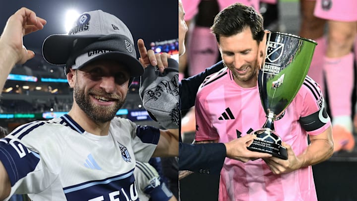 Thomas Müller (left) and Lionel Messi (right) won MLS Conference trophies on Saturday night. 